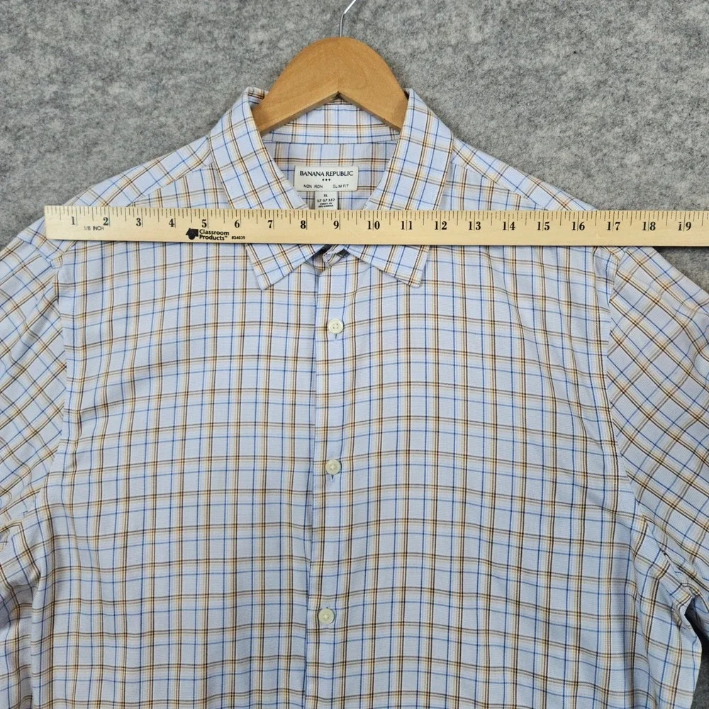 Banana Republic Men's Blue & Brown Windowpane Size XL 17-17 1/2 Dress Shirt Slim